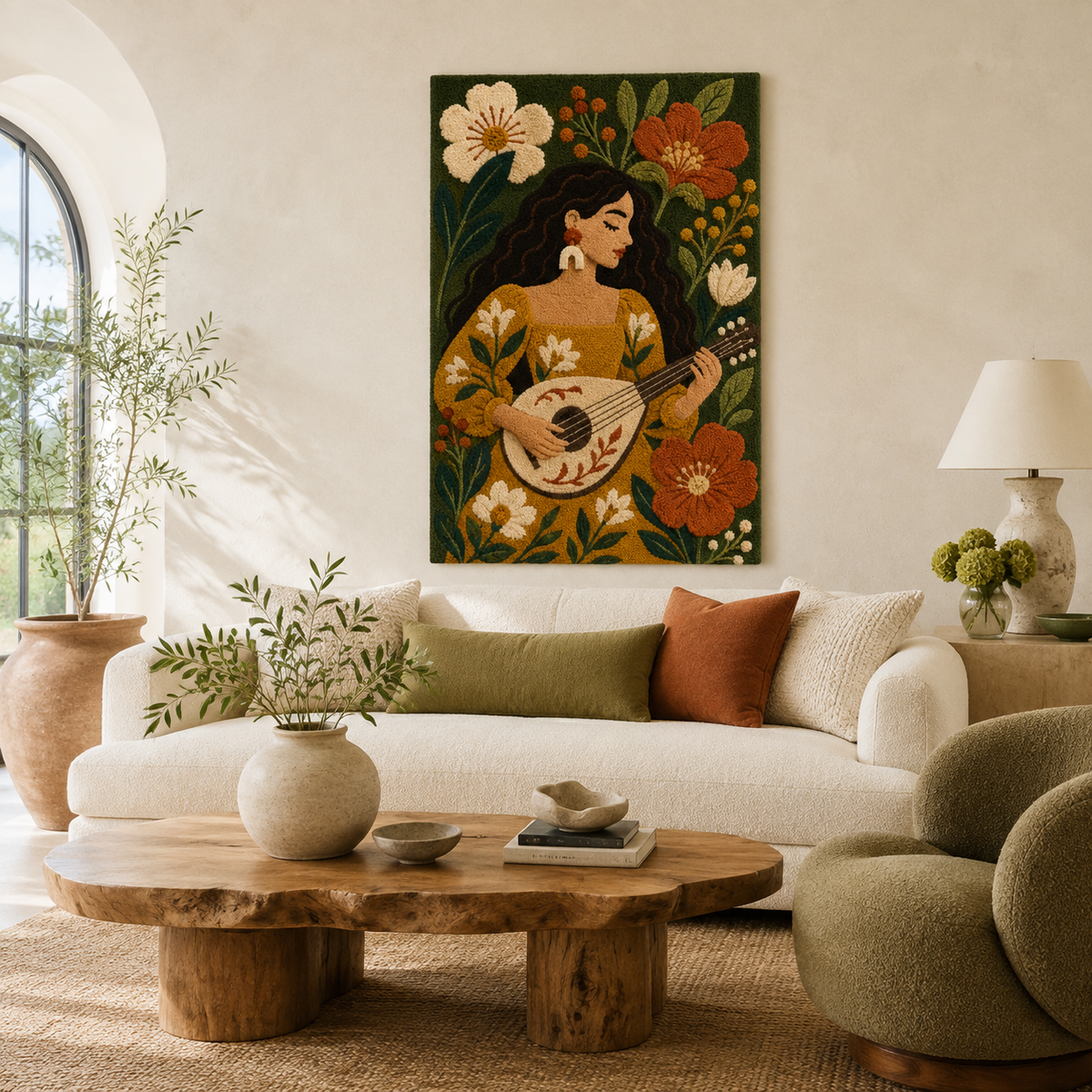 Hewn Earth Meadow Mandolin Song wall art featuring a nature-inspired design with floral and mandolin motifs on a neutral background.