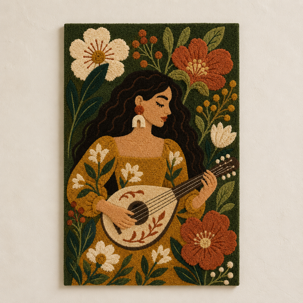 Hewn Earth Meadow Mandolin Song wall art featuring a vibrant, colorful musical instrument illustration on a textured background.
