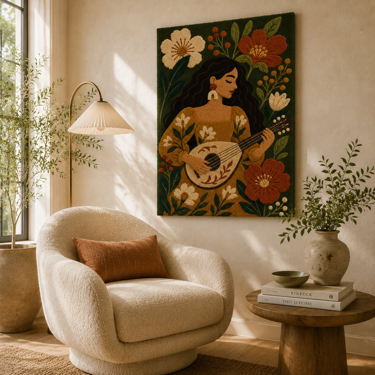 Hewn Earth Meadow Mandolin Song wall art featuring a colorful, nature-inspired design on a framed canvas.