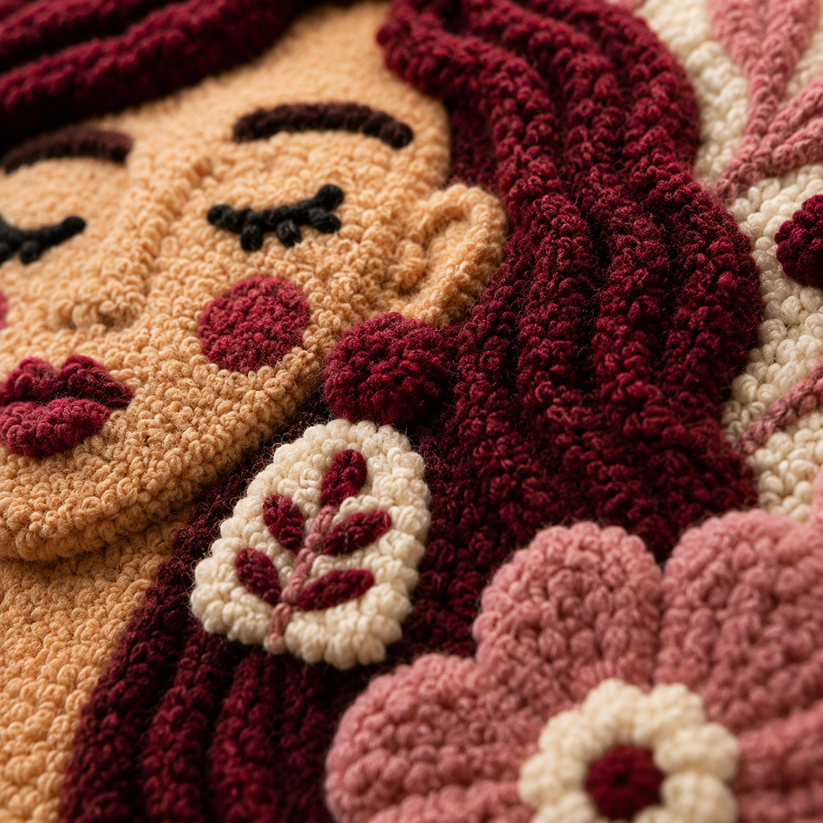 Close-up of Burgundy Flower Lullaby wall art by Hewn Earth, showcasing detailed floral design on a textured background.
