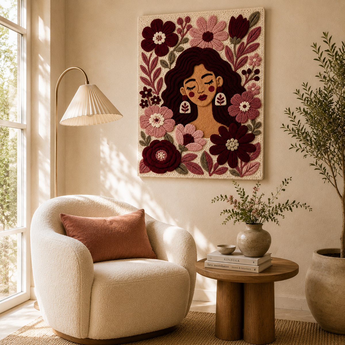 Burgundy flower wall art by Hewn Earth featuring a delicate floral design suitable for home decor.