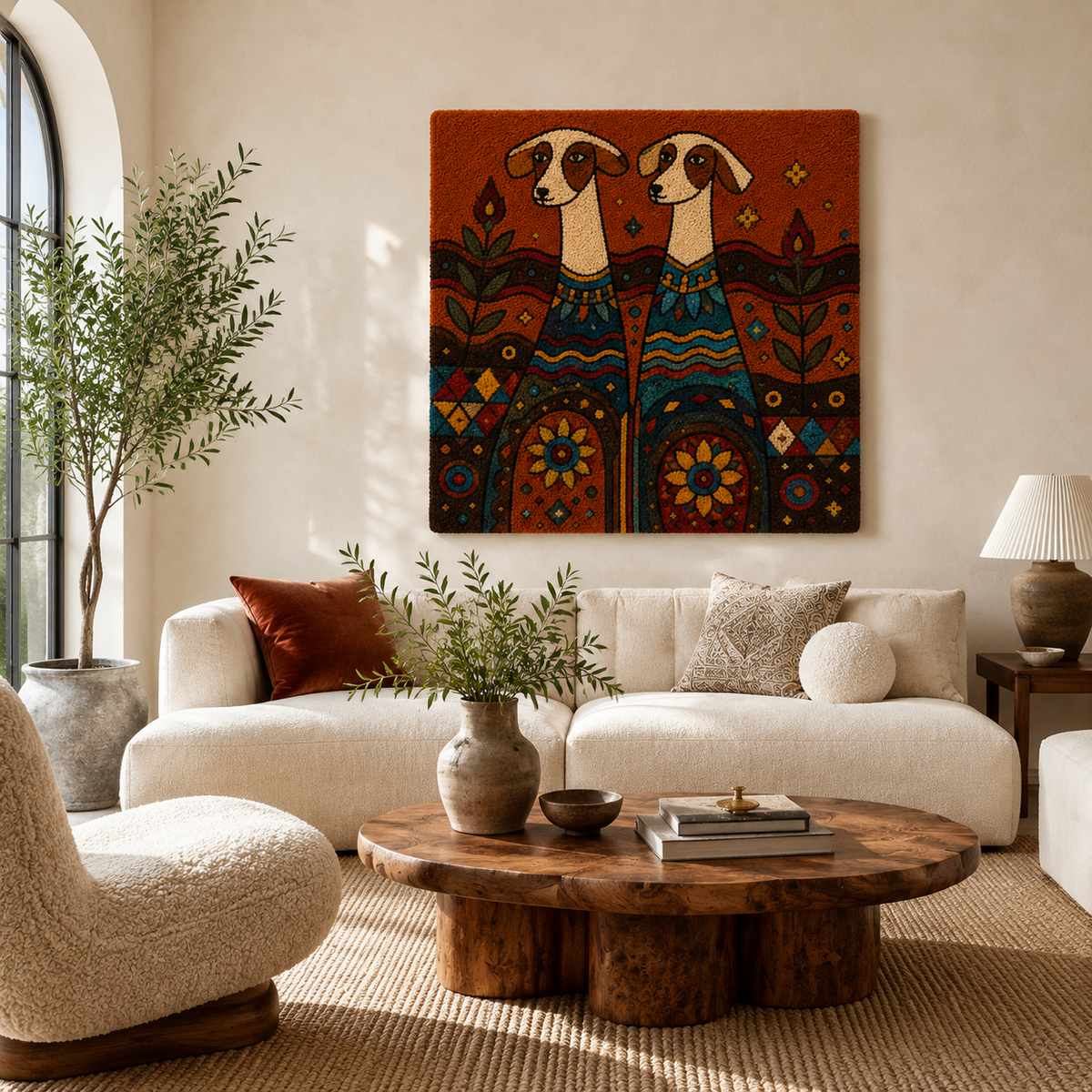 Folk Hound Kinship wall art by Hewn Earth, featuring a detailed illustration of a hound dog, displayed on a wall.