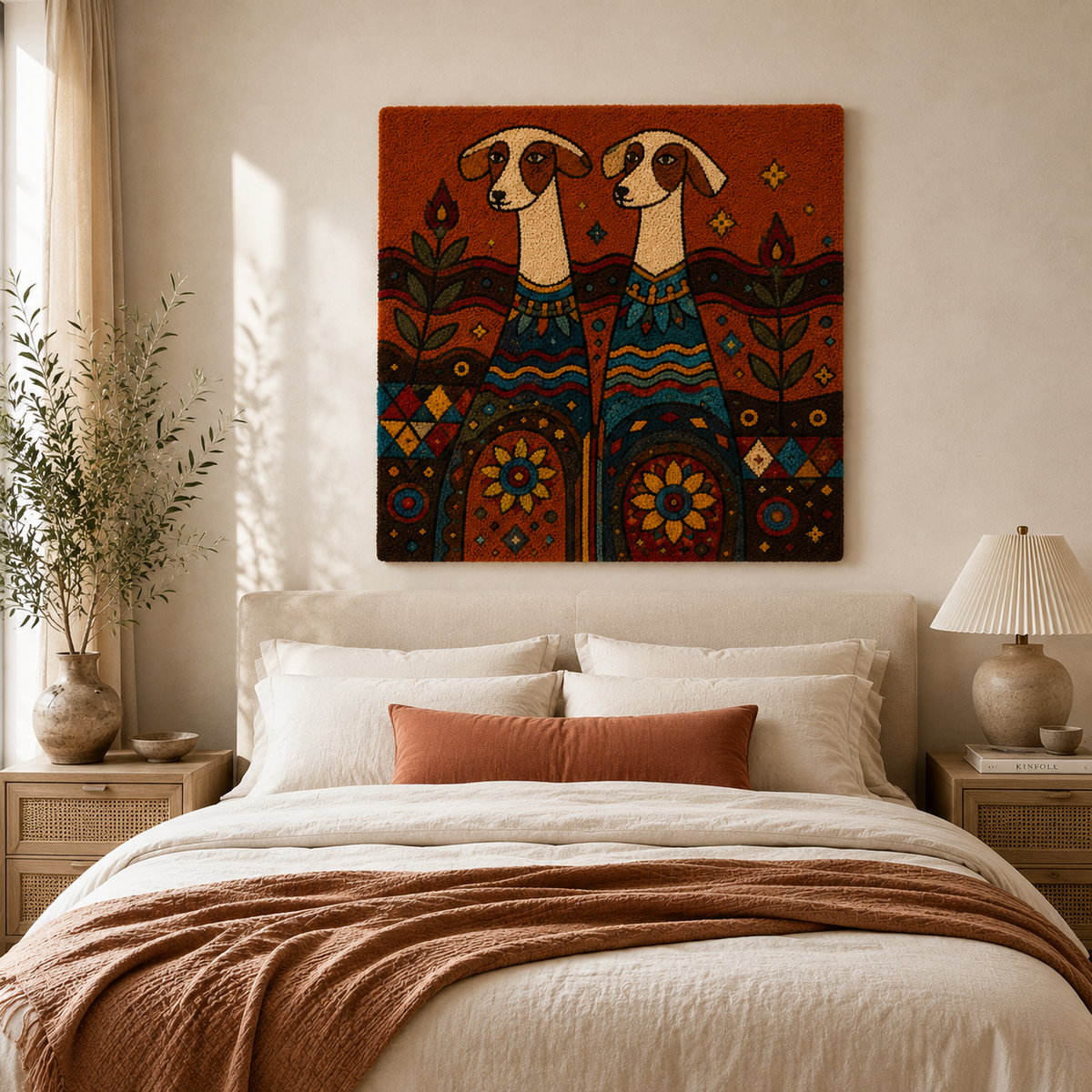 Folk Hound Kinship wall art by Hewn Earth featuring detailed, rustic dog illustration on textured canvas.