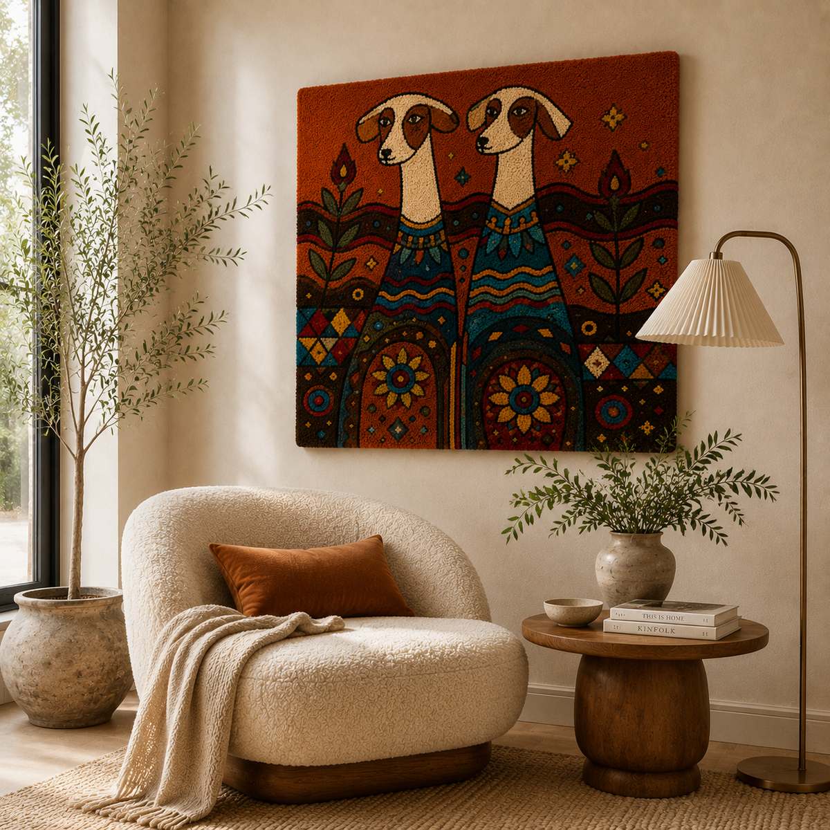 Folk Hound Kinship wall art by Hewn Earth featuring a detailed illustration of a stylized dog with intricate patterns.