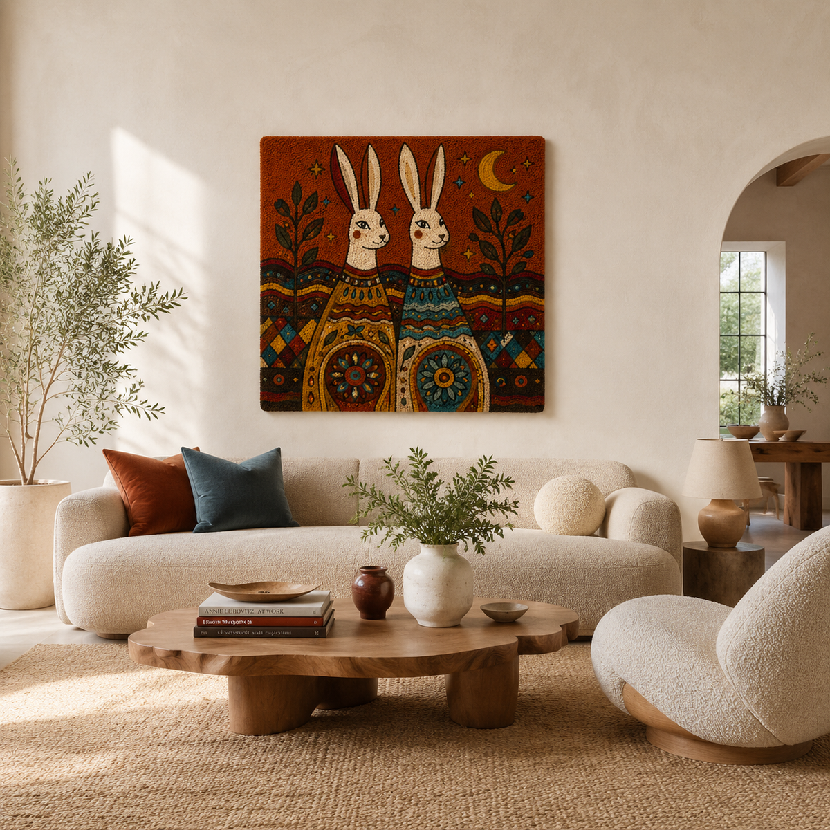 Hewn Earth Moonlit Rabbit Kinship wall art featuring a serene rabbit design on a wall, natural and artistic home decor piece