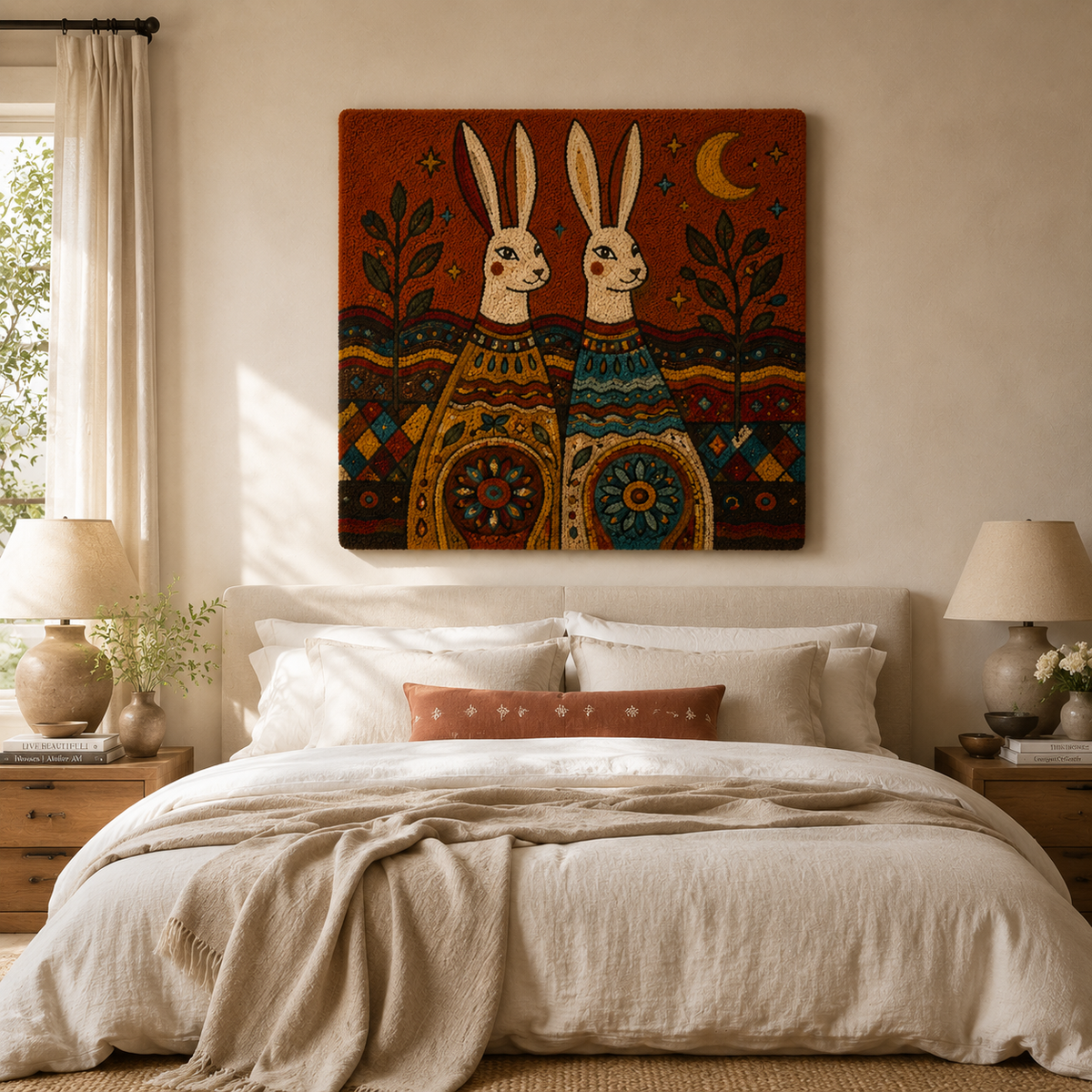 Moonlit Rabbit Kinship wall art by Hewn Earth featuring a serene rabbit illustration with moonlit background.