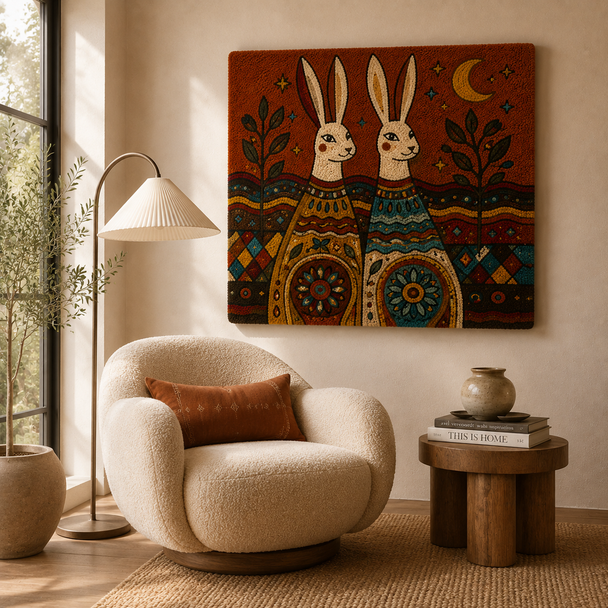Moonlit Rabbit Kinship wall art by Hewn Earth featuring a serene rabbit scene with moonlit background, suitable for home decor.