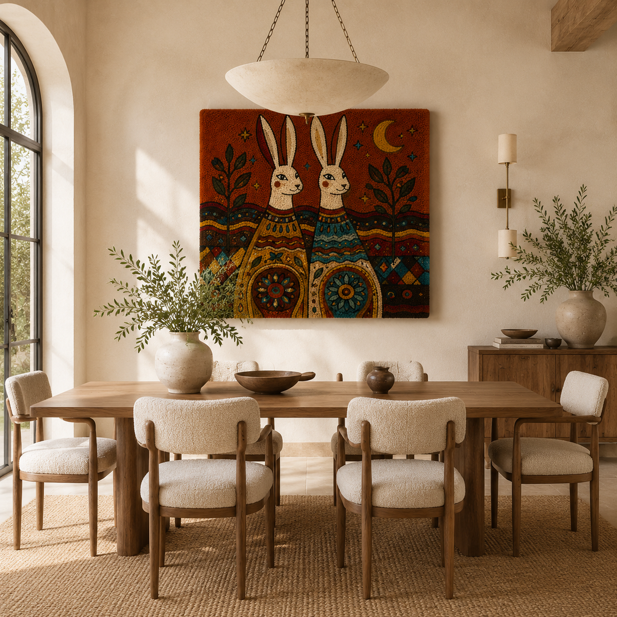 Hewn Earth Moonlit Rabbit Kinship wall art depicting a serene rabbit scene in soft moonlit tones, perfect for nature-inspired decor.
