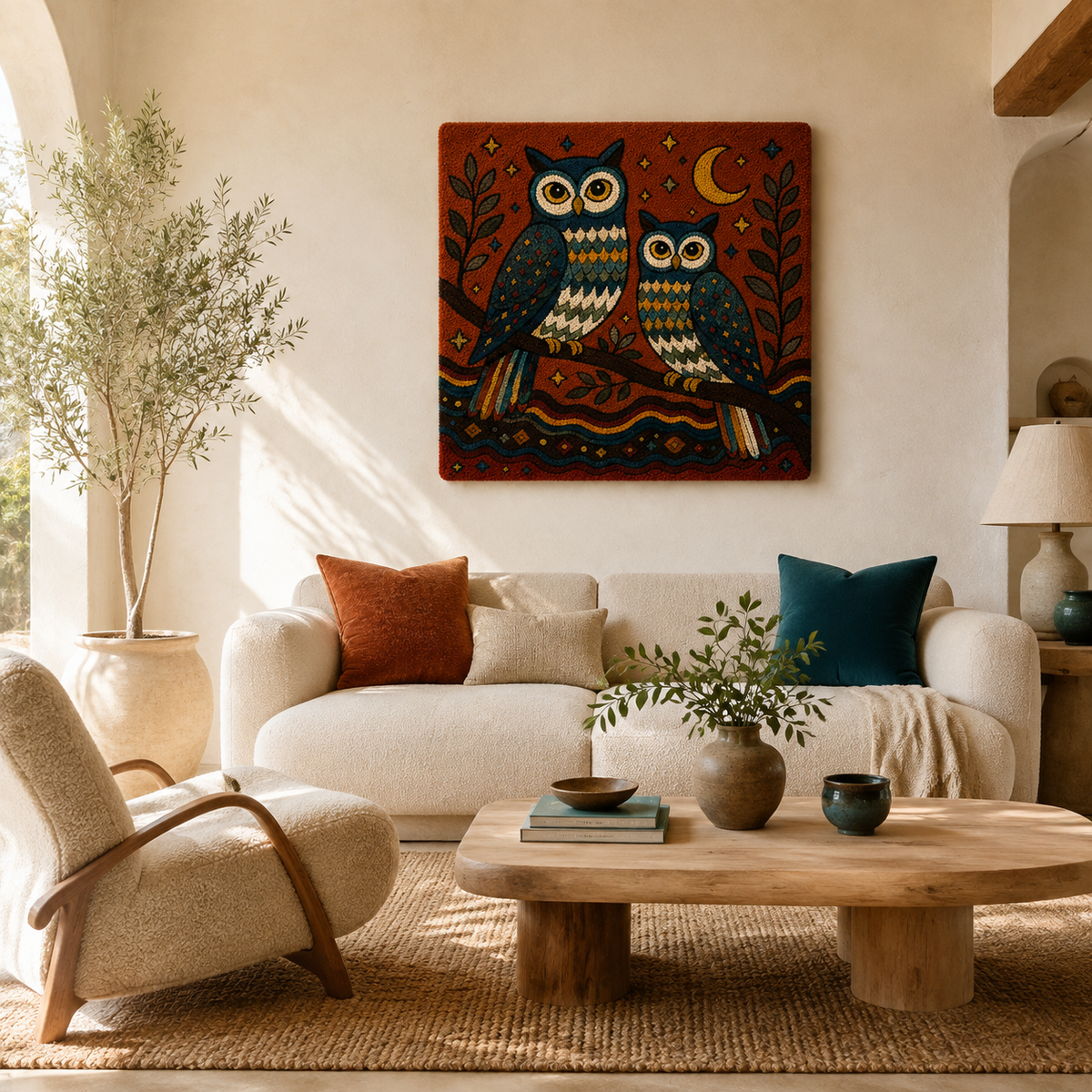 Hewn Earth Owl Grove Kinship wall art featuring a detailed owl illustration on a neutral background.