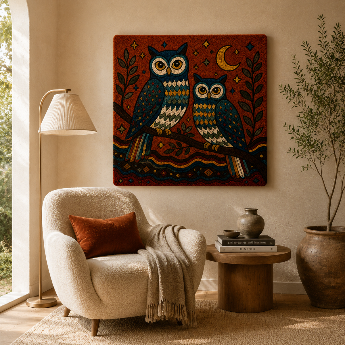 Hewn Earth Owl Grove Kinship wall art featuring a detailed owl illustration on a textured background.