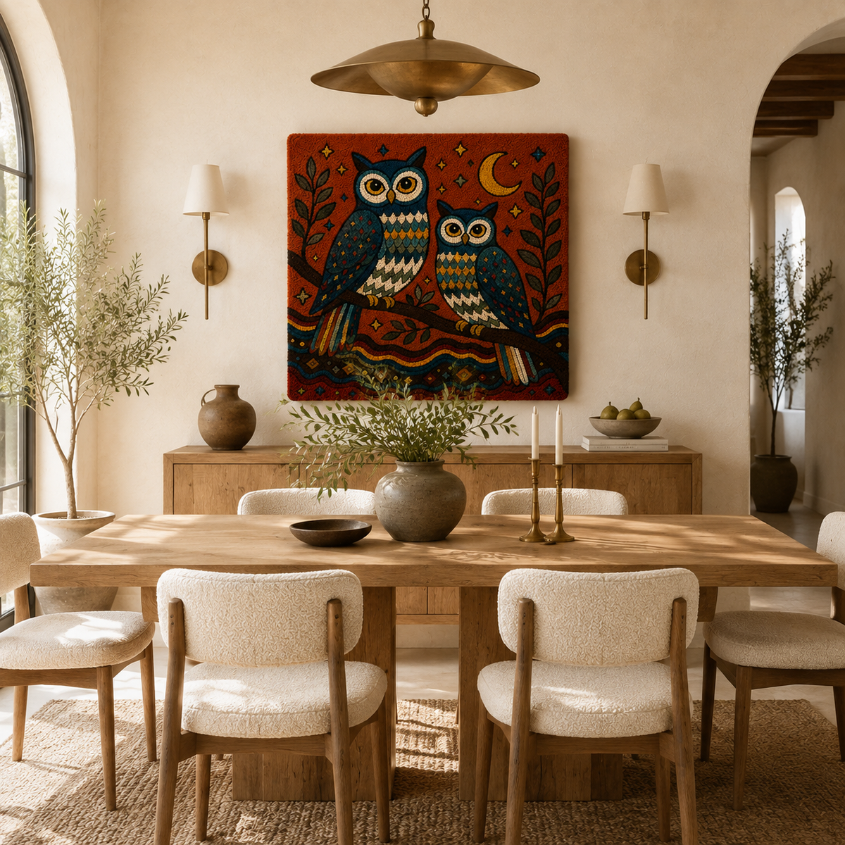 Hewn Earth Owl Grove Kinship wall art featuring a detailed owl illustration on a neutral background.