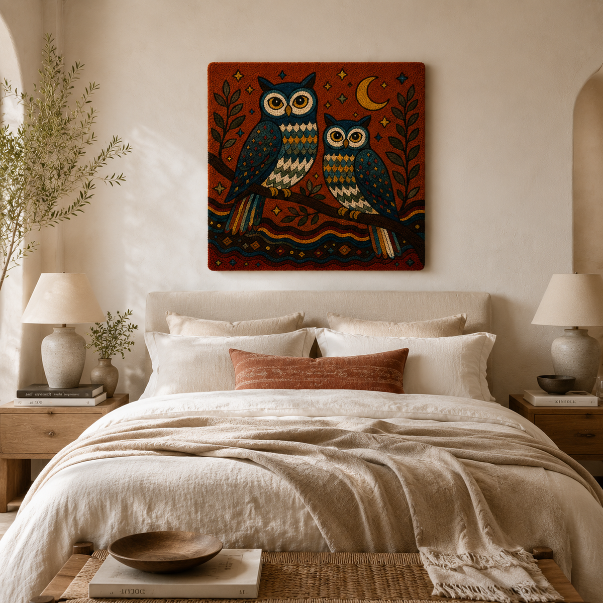 Hewn Earth Owl Grove Kinship wall art featuring a detailed owl illustration on a neutral background