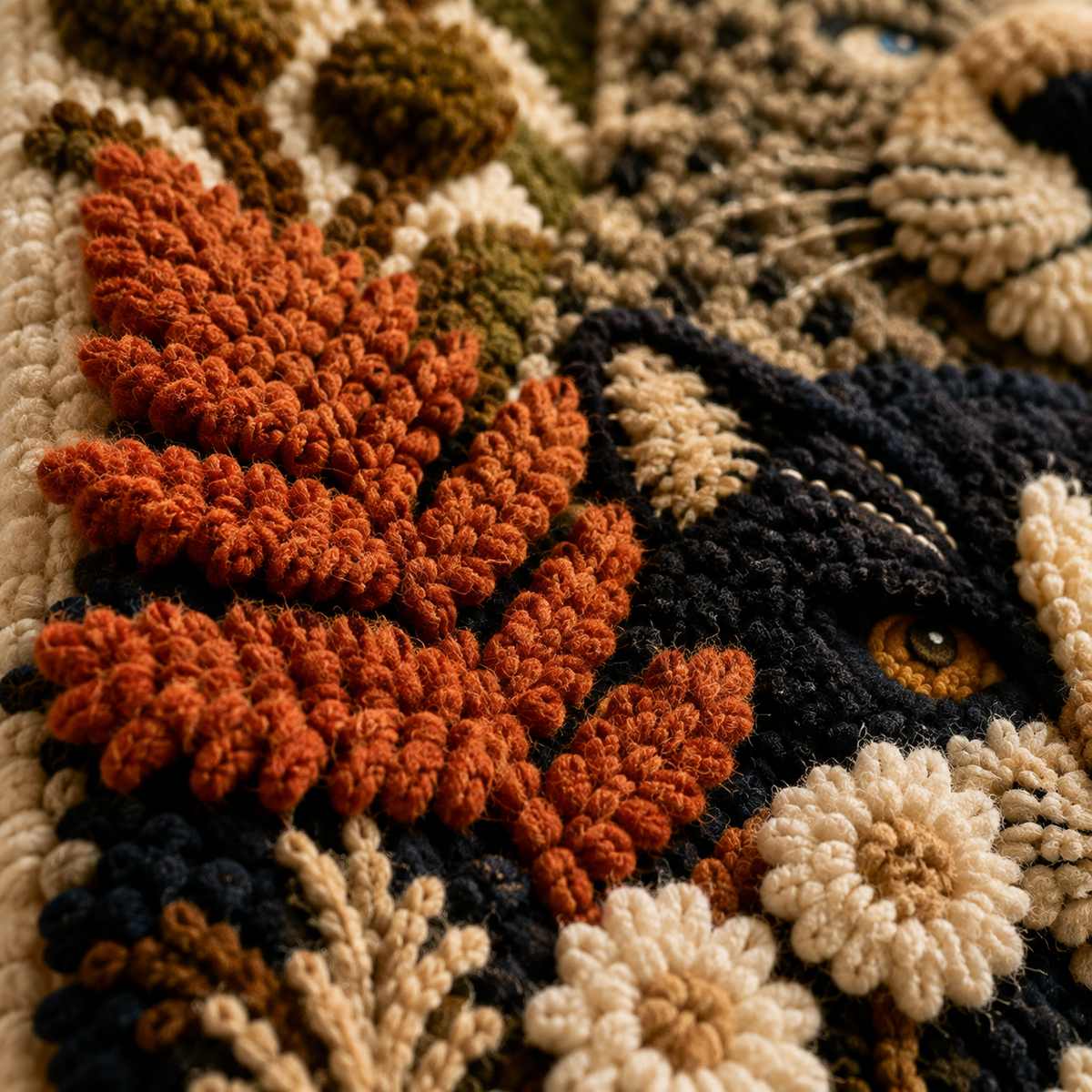 Close-up of Hewn Earth Leopard Garden Nocturne wall art featuring detailed leopard and botanical design on a textured background.