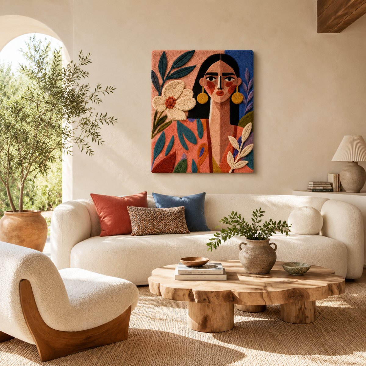 Hewn Earth Terracotta Garden Muse wall art displayed on a wall, featuring earthy tones and intricate garden-inspired design.