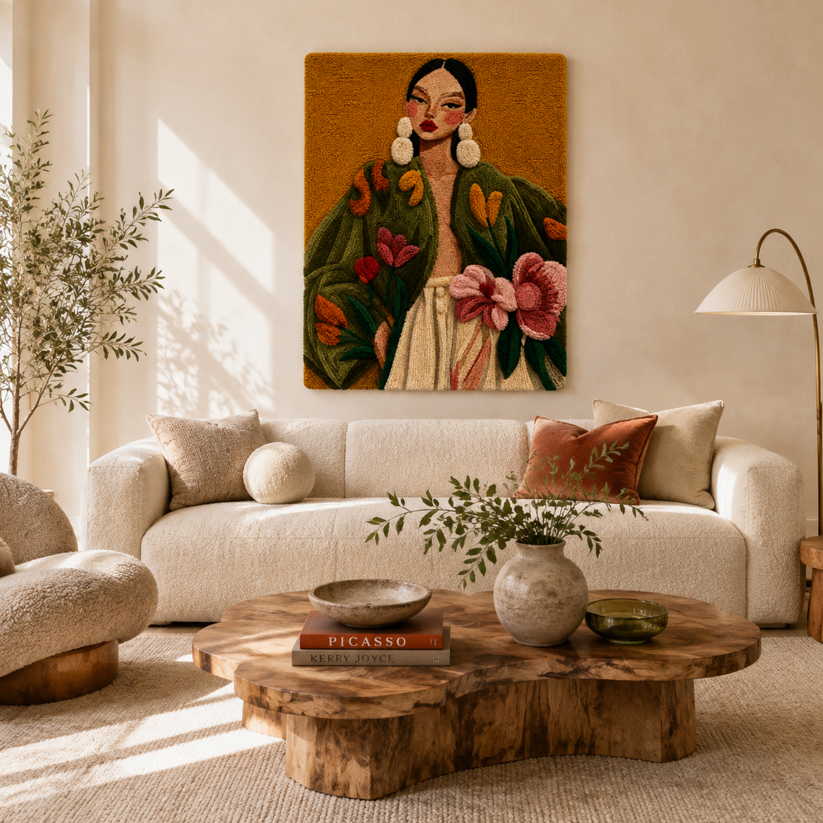 Hewn Earth Olive Bloom Portrait wall art featuring a vibrant floral design on a textured background.