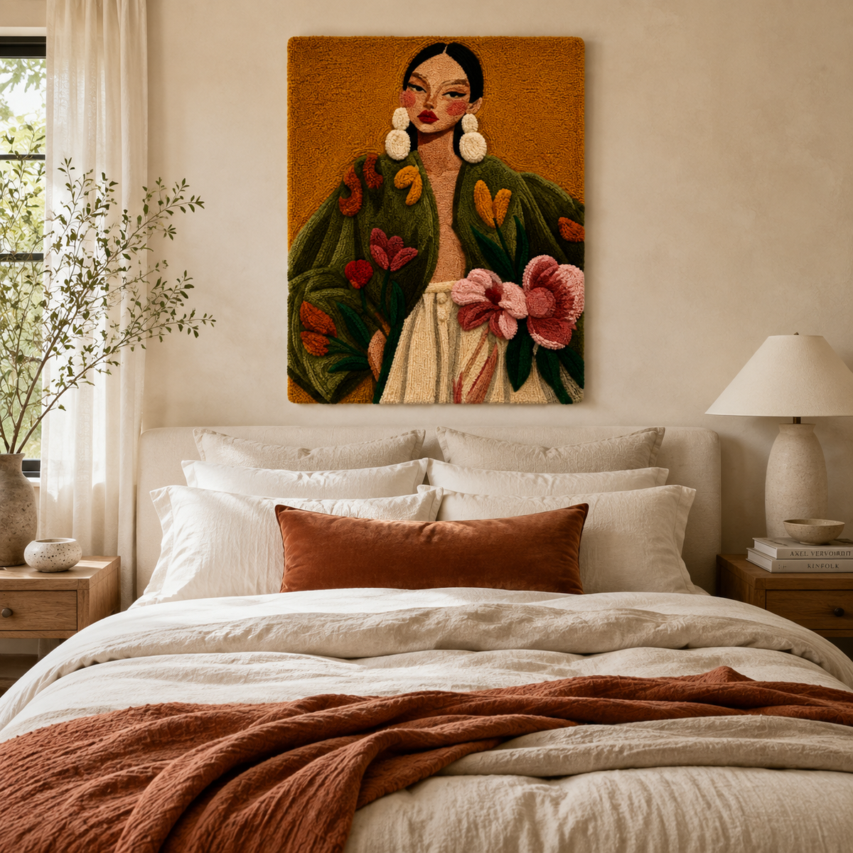 Hewn Earth Olive Bloom Portrait wall art featuring a vibrant botanical design on a canvas with natural tones.