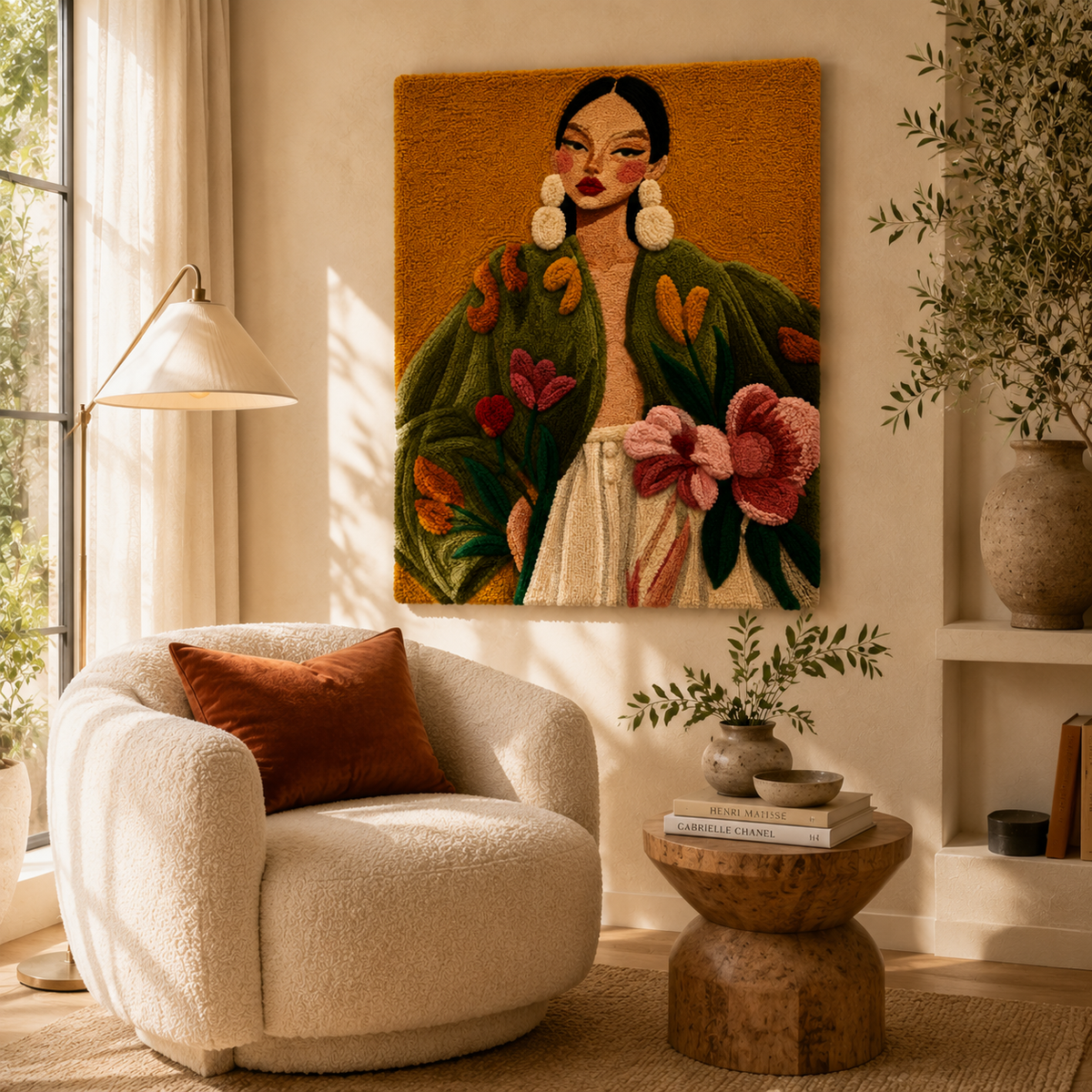 Hewn Earth Olive Bloom Portrait wall art featuring a vibrant botanical design on a wall.