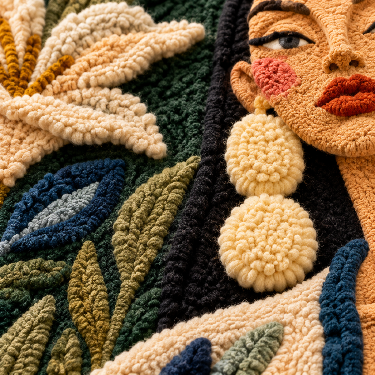 Close-up of Hewn Earth Moonlit Lily Keeper wall art featuring detailed floral design on a textured surface.