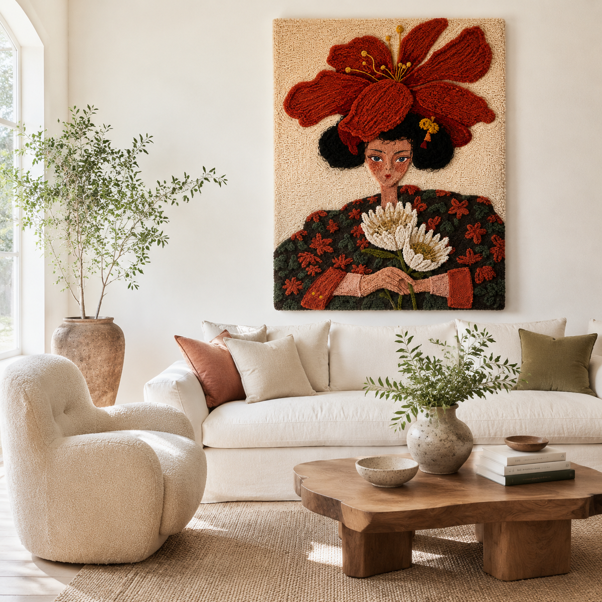 Hewn Earth Scarlet Petal Crown wall art featuring a vibrant red floral design displayed on a wall.