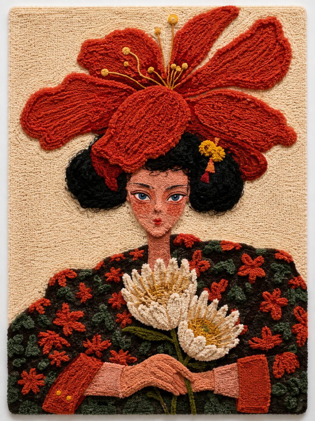 Hewn Earth Scarlet Petal Crown wall art features vibrant red petals arranged in a decorative crown design on a neutral background.