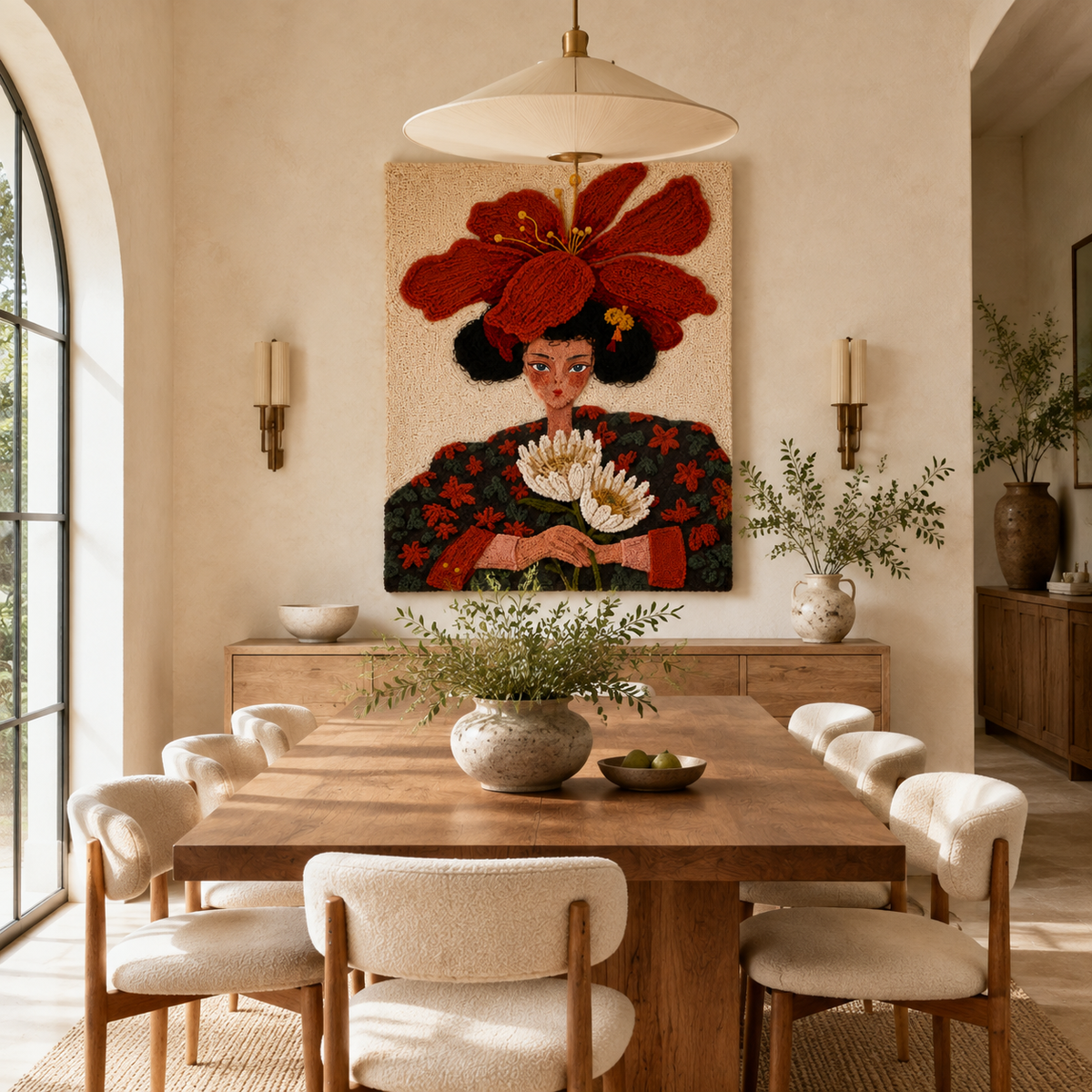 Hewn Earth Scarlet Petal Crown wall art featuring vibrant red petal design on a minimalist background.