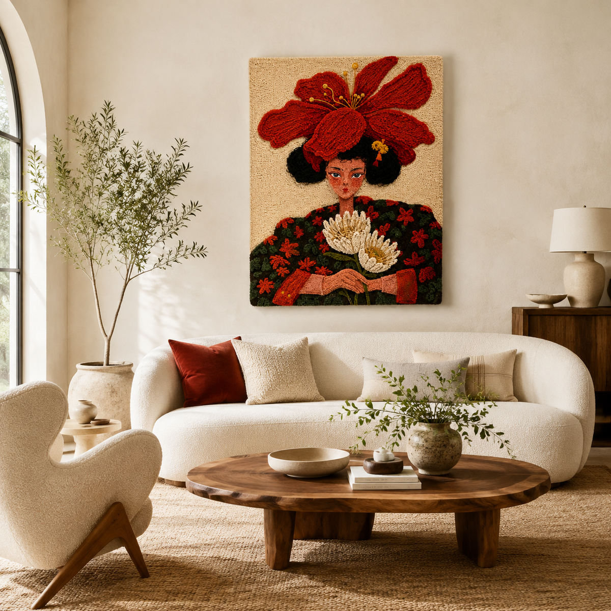 Hewn Earth Scarlet Petal Crown wall art featuring vibrant red petals arranged in a circular floral design.