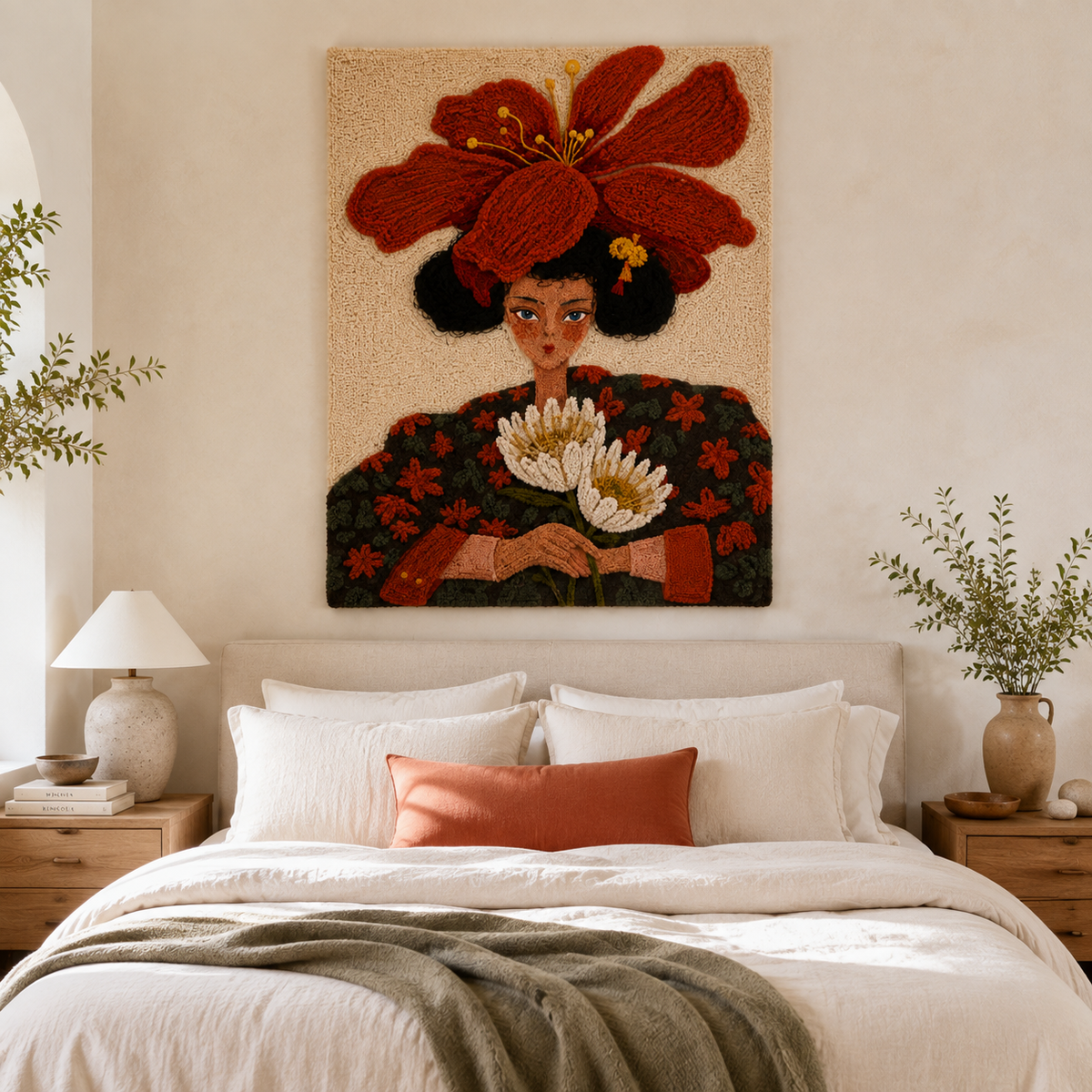 Hewn Earth Scarlet Petal Crown wall art featuring vibrant red petal design on a neutral background.