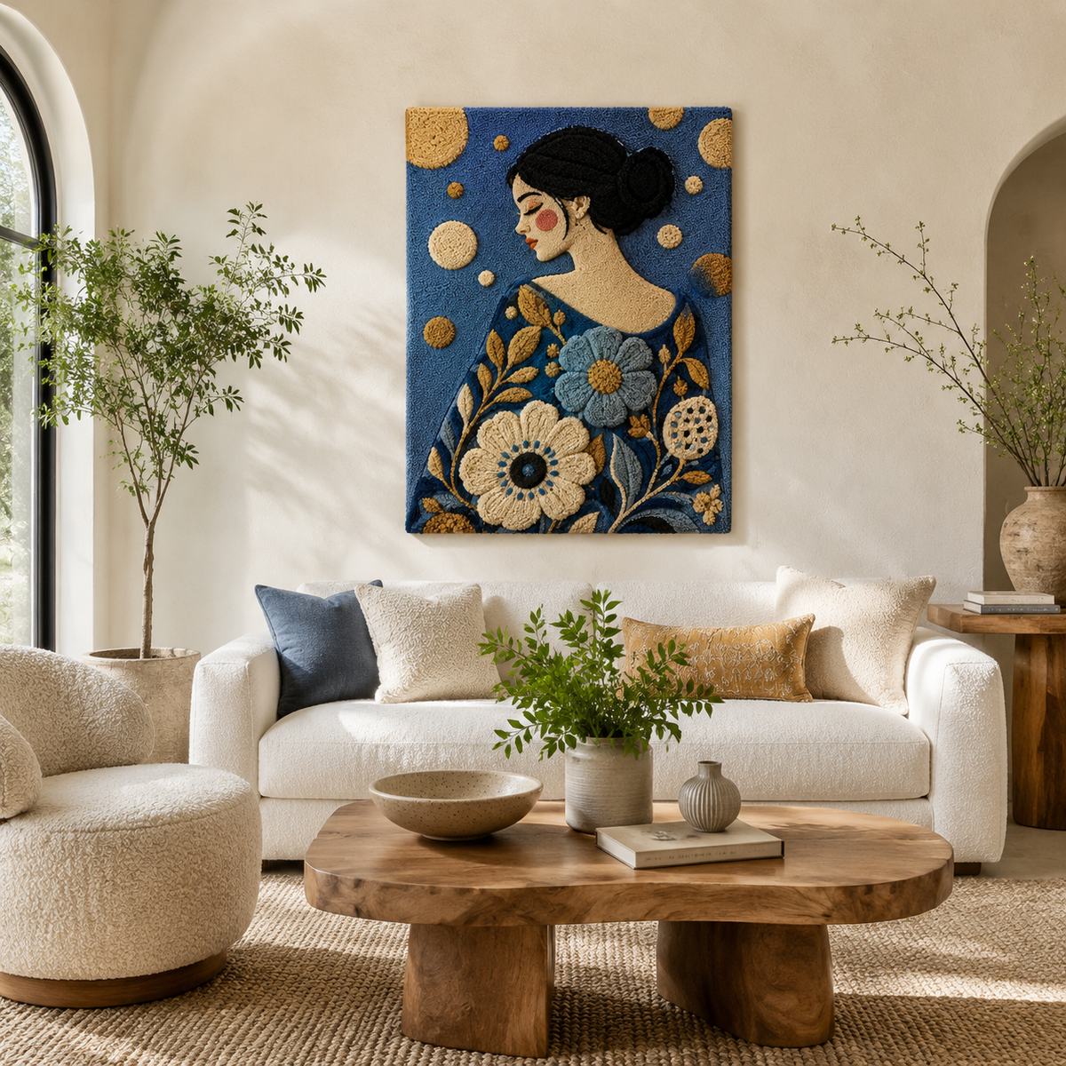 Blue Dahlia Reverie wall art by Hewn Earth featuring a vibrant floral design on a textured canvas.