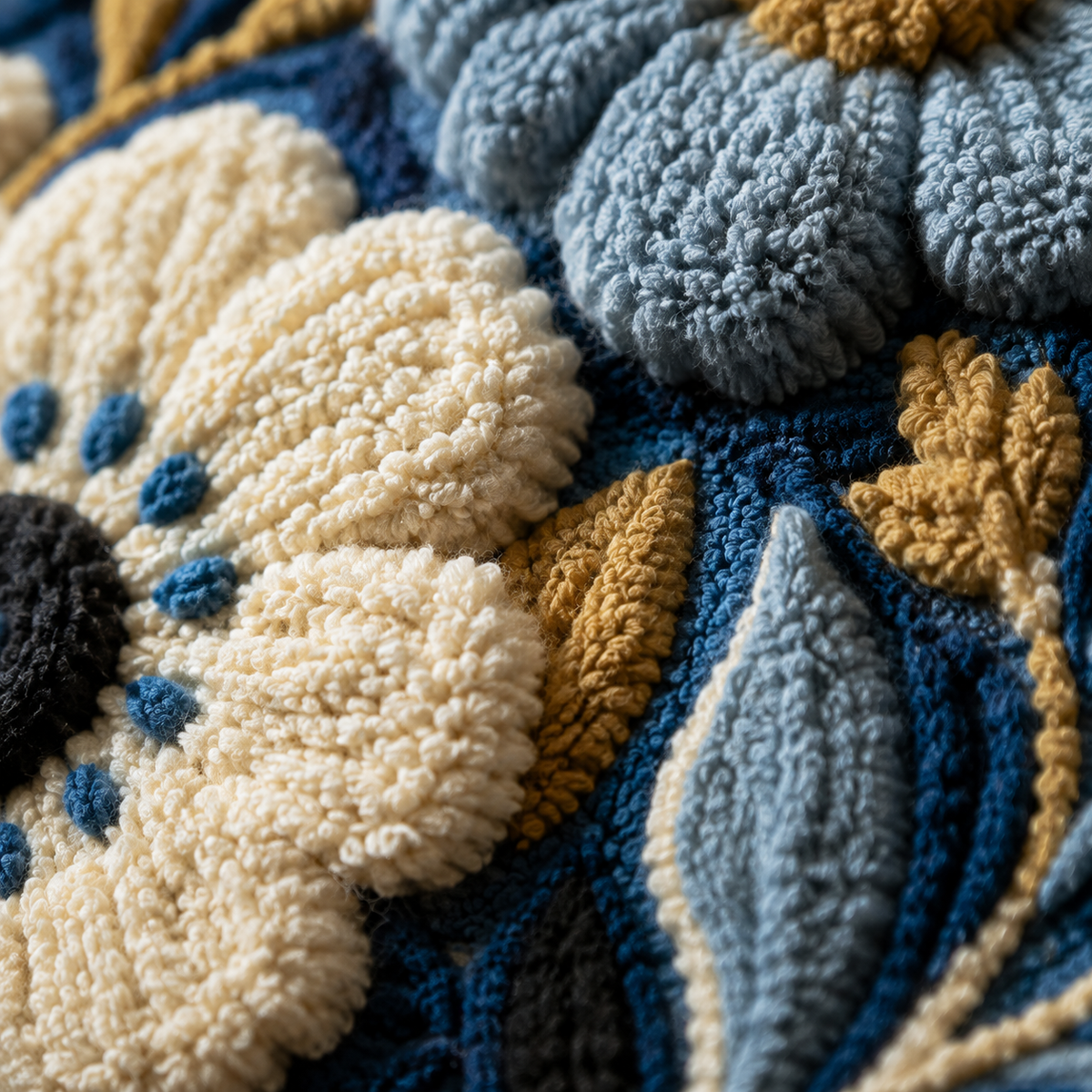 Close-up of Hewn Earth Blue Dahlia Reverie wall art featuring detailed blue and purple floral design on textured canvas.