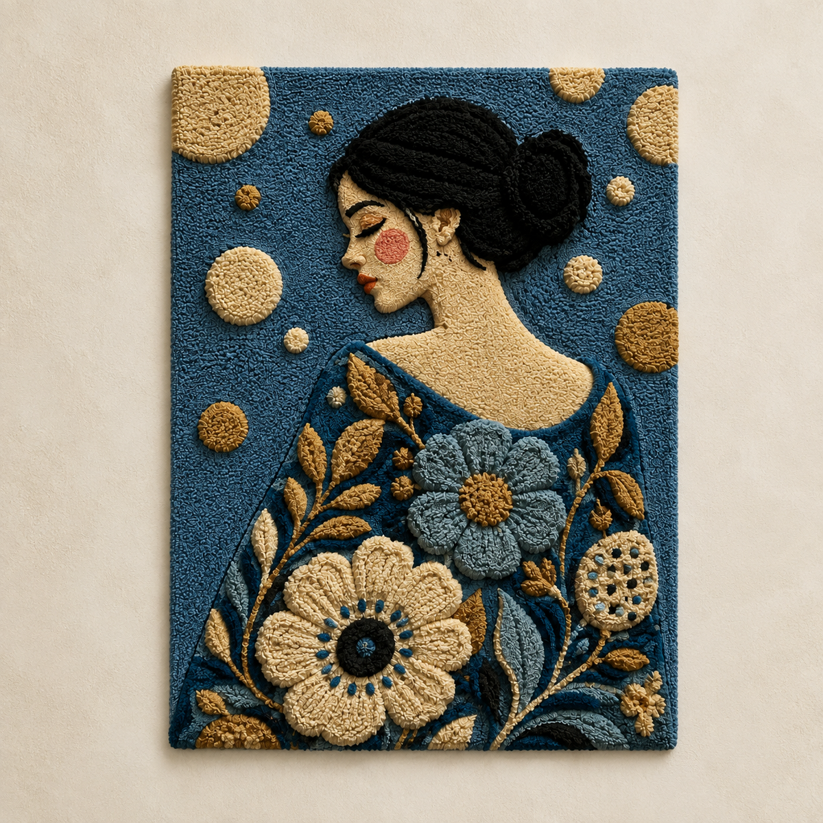 Blue Dahlia Reverie wall art by Hewn Earth, featuring vibrant blue floral design on textured canvas.