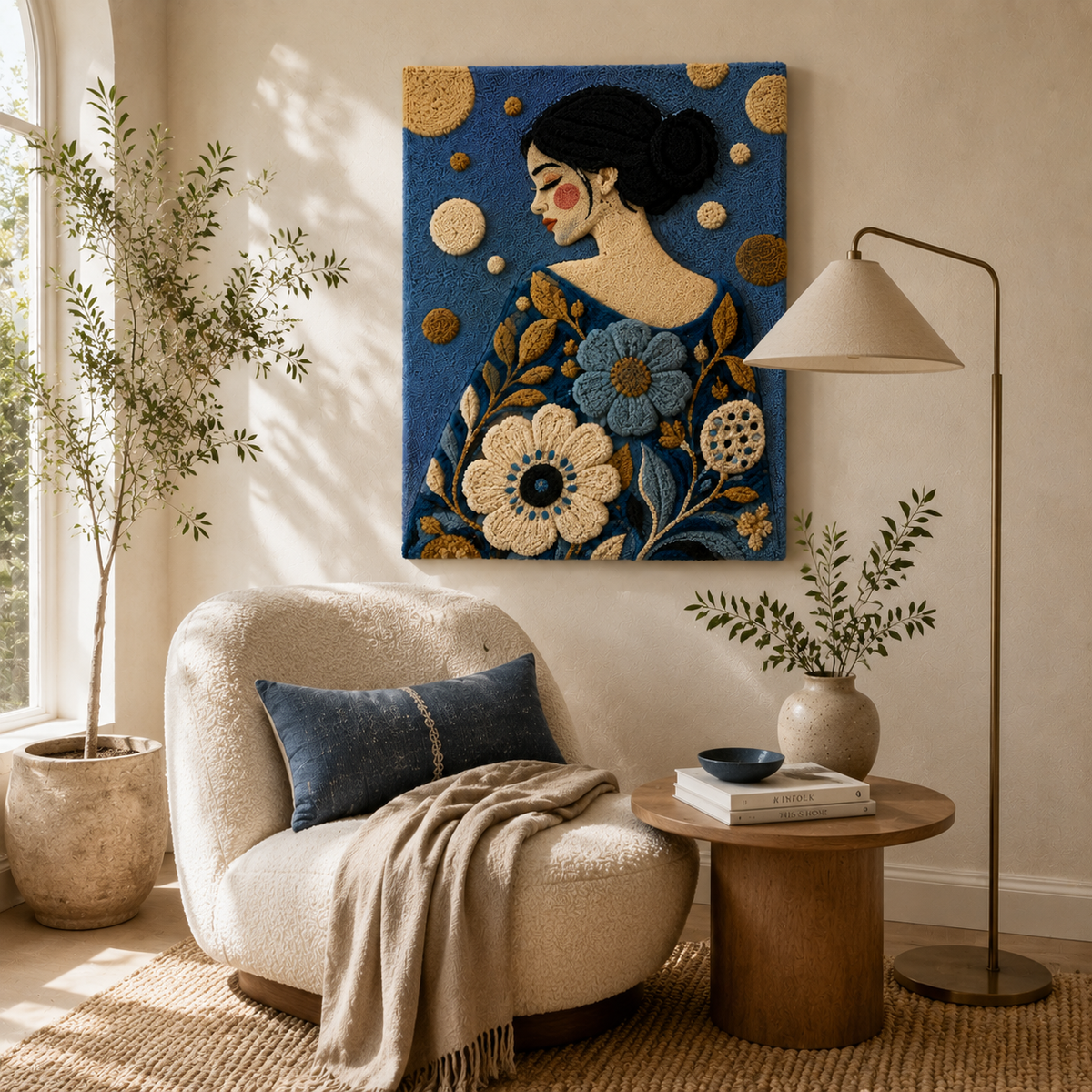 Blue Dahlia Reverie wall art by Hewn Earth featuring vibrant blue and pink floral design on textured canvas.