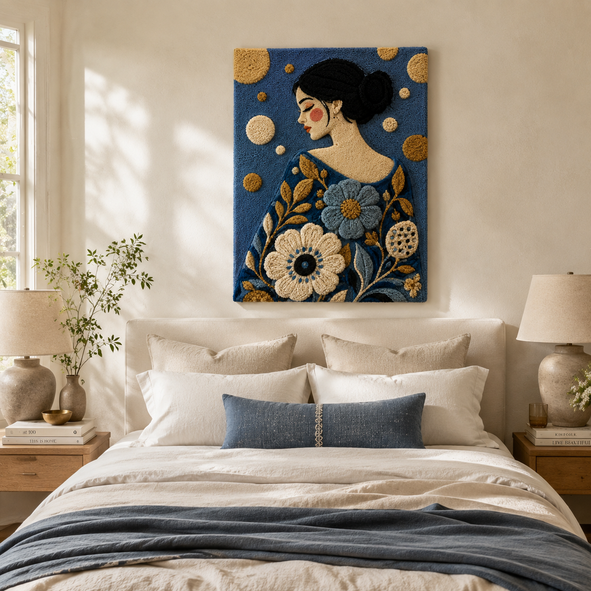 Blue Dahlia Reverie wall art by Hewn Earth featuring a vibrant, detailed floral design on a decorative canvas.