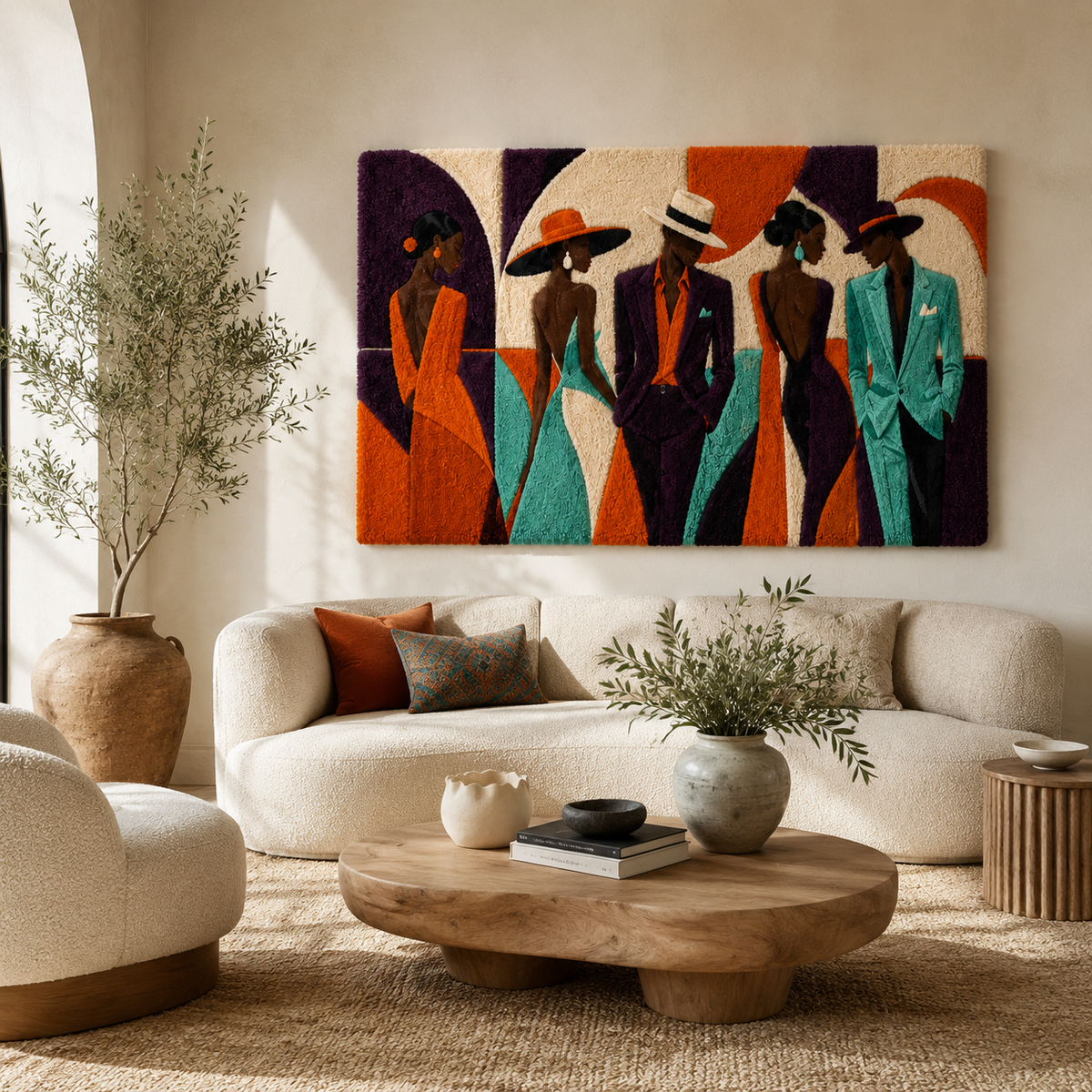 Hewn Earth wall art titled "Dressed for the Promenade" featuring a detailed, artistic depiction of a fashionable scene.