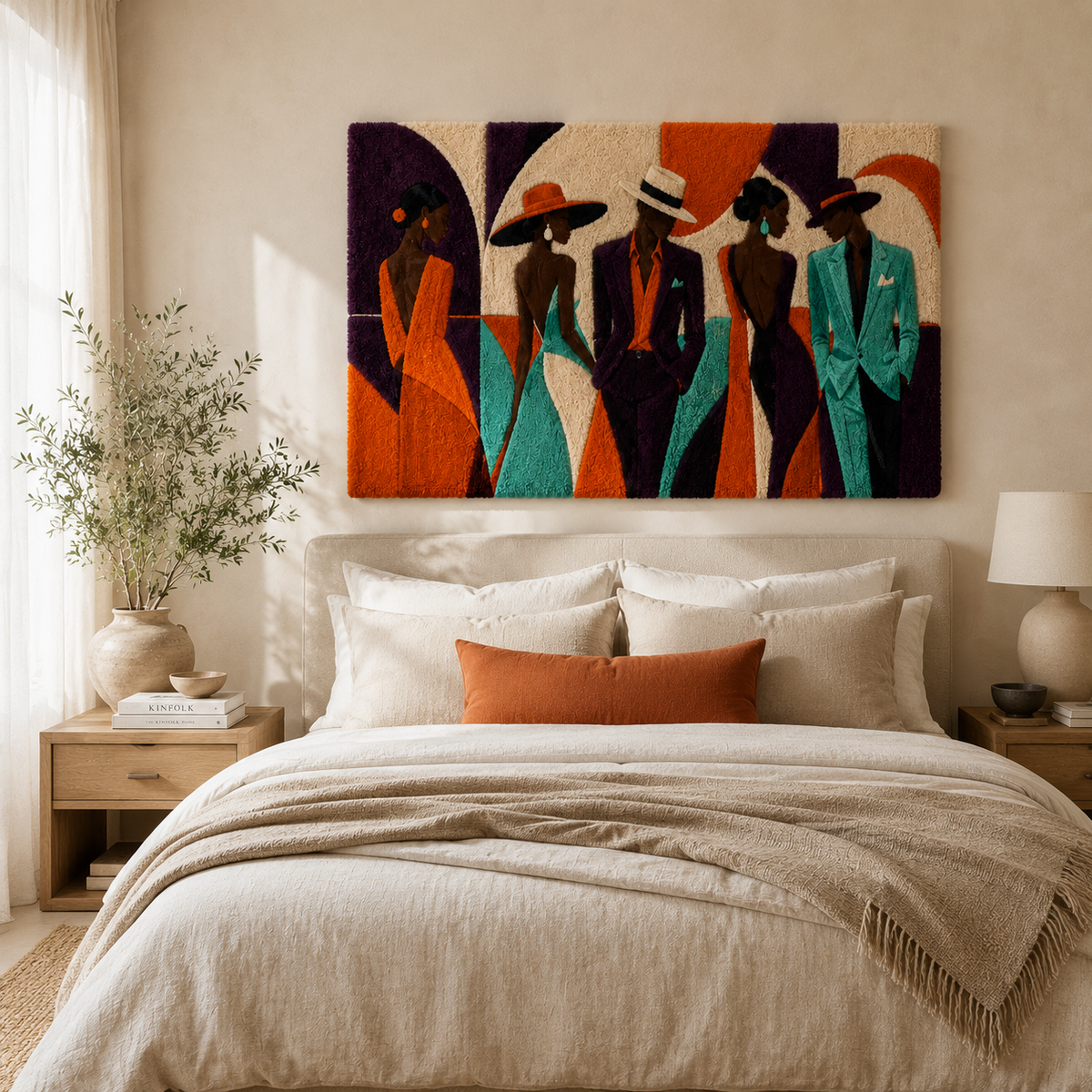 Hewn Earth wall art titled "Dressed for the Promenade" featuring a colorful, detailed illustration of a fashionable woman in vintage attire.