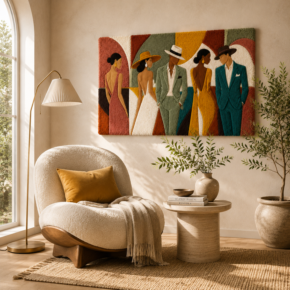 Hewn Earth Garden Party Lineup wall art featuring colorful illustrations of garden tools and flowers on a decorative canvas.