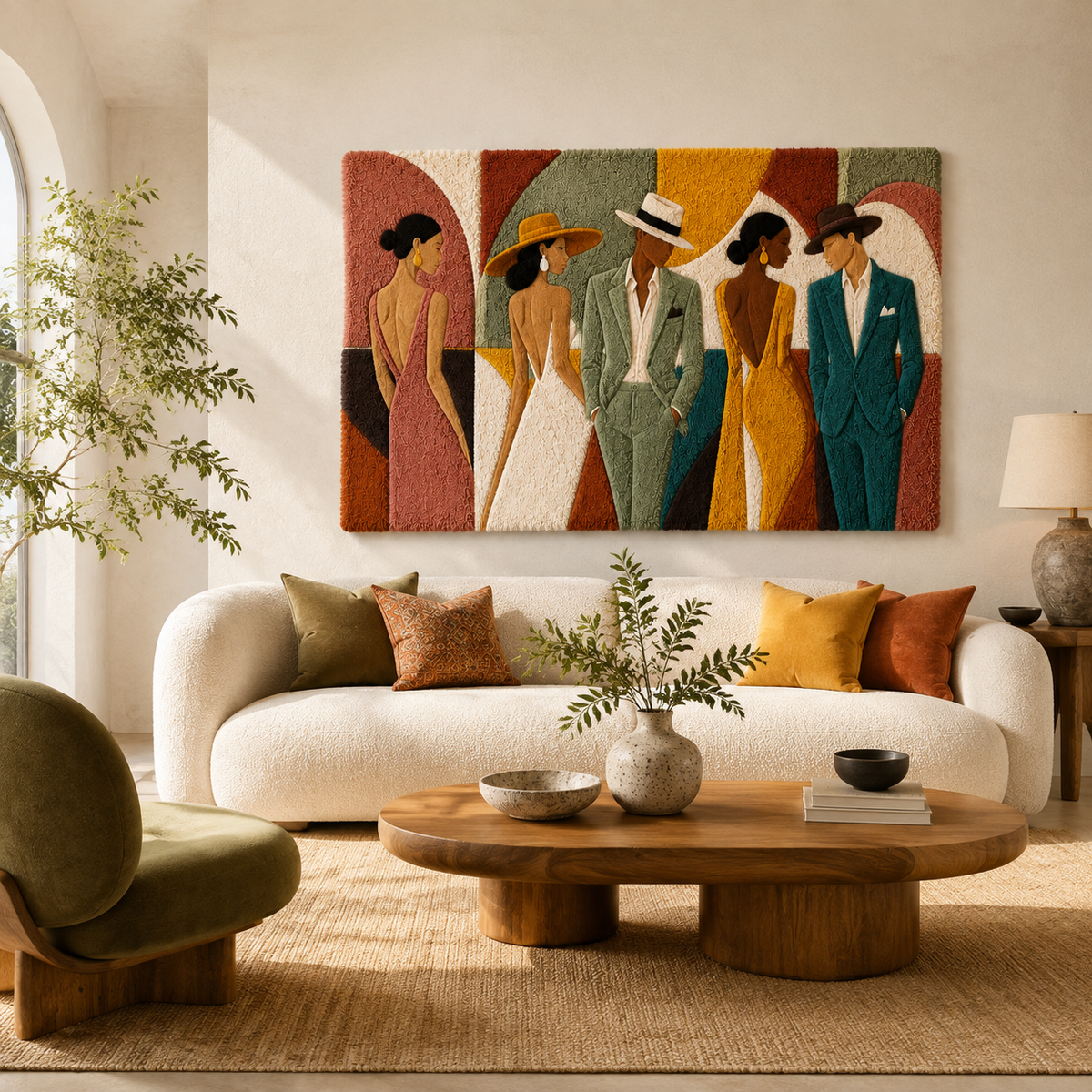 Colorful wall art titled Garden Party Lineup by Hewn Earth featuring vibrant, whimsical illustrations of garden scenes and characters.