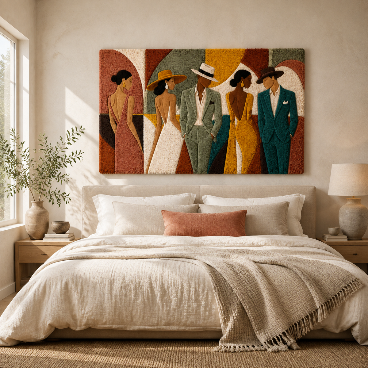 Colorful Hewn Earth Garden Party Lineup wall art featuring vibrant illustrations of garden tools and plants on a decorative background.