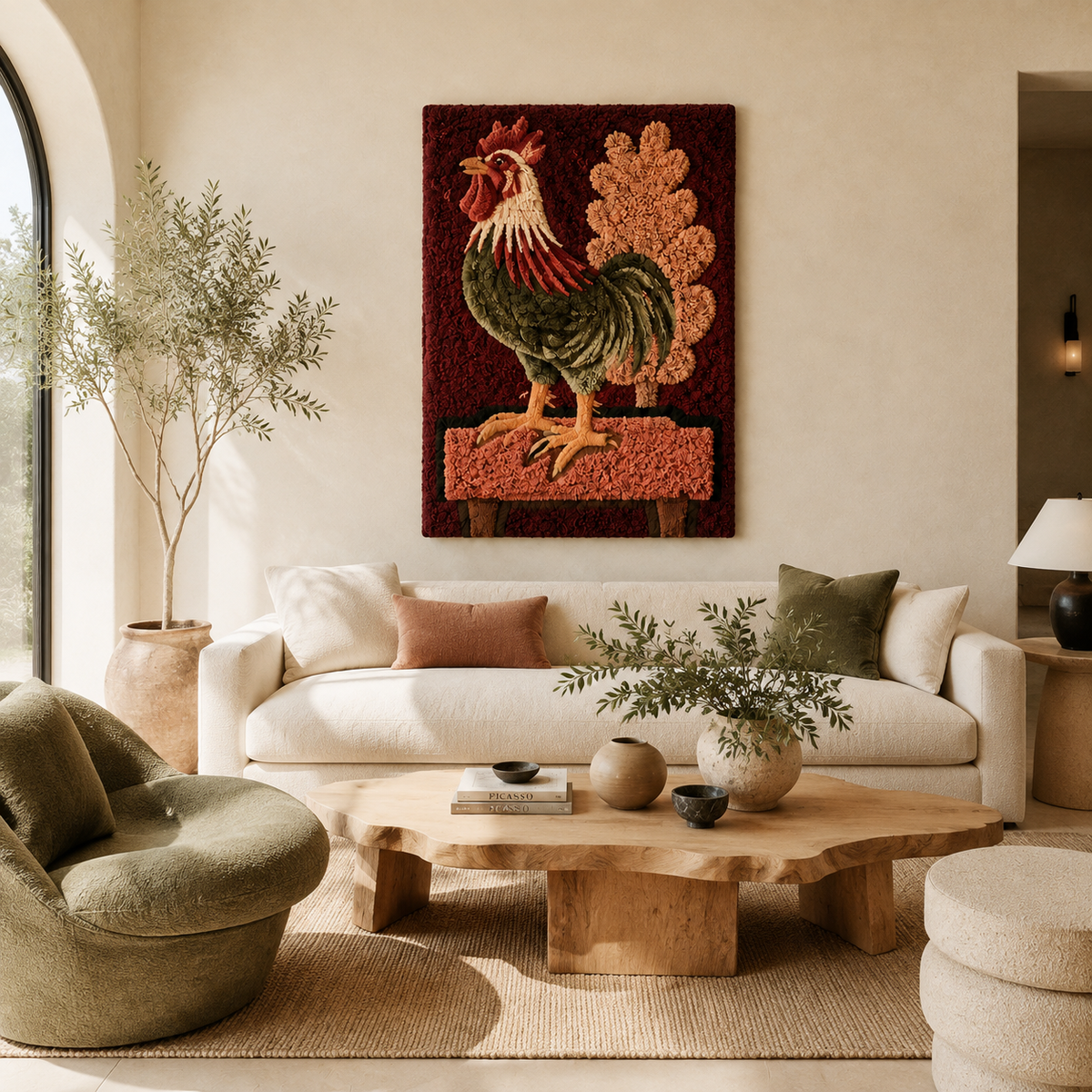 Crimson Rooster wall art by Hewn Earth featuring a vibrant red rooster illustration on a neutral background.