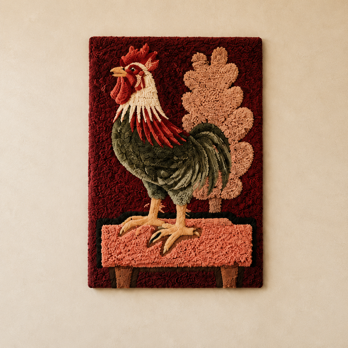 Crimson Rooster wall art by Hewn Earth featuring a vibrant red rooster illustration on a neutral background.