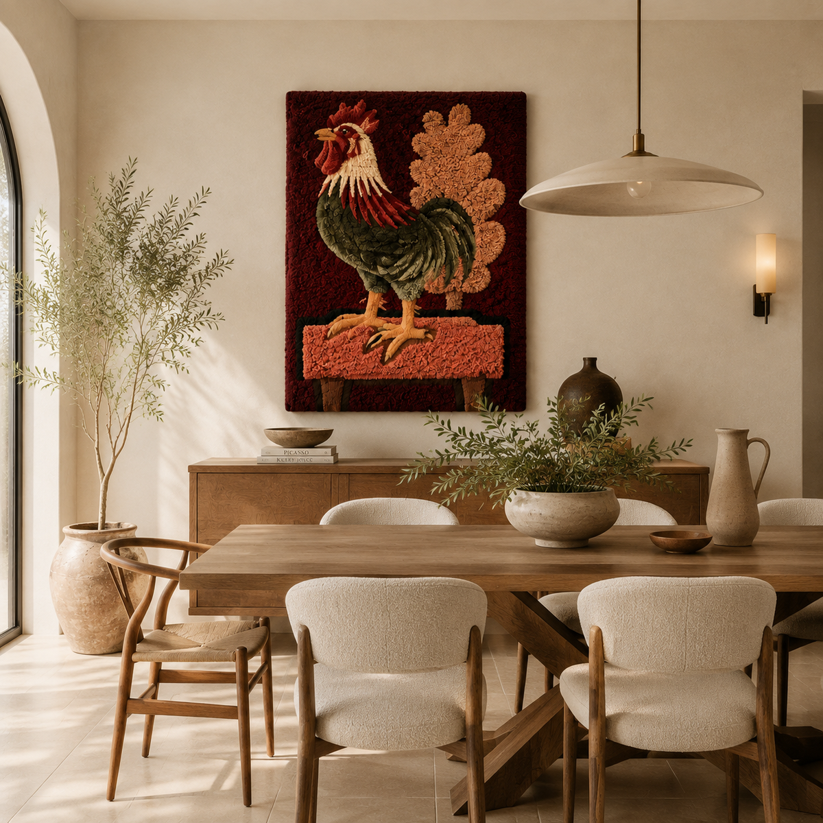 Crimson Rooster wall art by Hewn Earth featuring a vivid red rooster illustration on a neutral background.