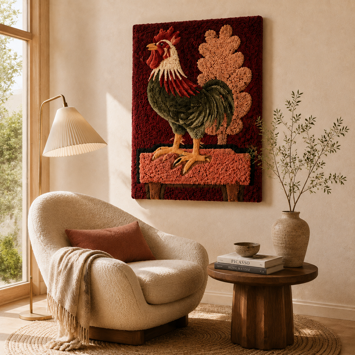 Crimson Rooster wall art by Hewn Earth featuring a vibrant red rooster illustration on a neutral background.