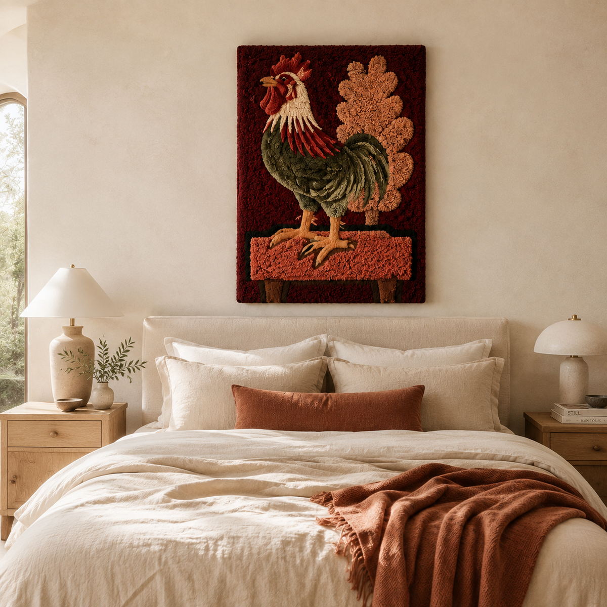 Crimson Rooster wall art by Hewn Earth featuring a vibrant red rooster illustration on a neutral background