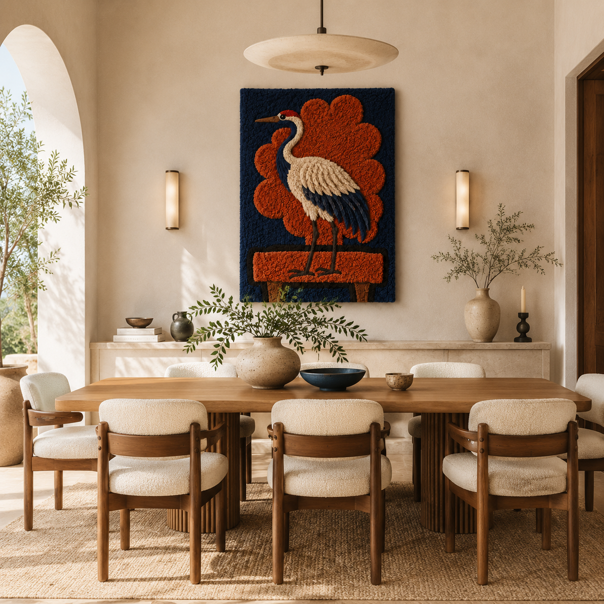 Indigo Crane Emblem wall art by Hewn Earth, featuring a detailed crane design on a textured background, ideal for home decor.