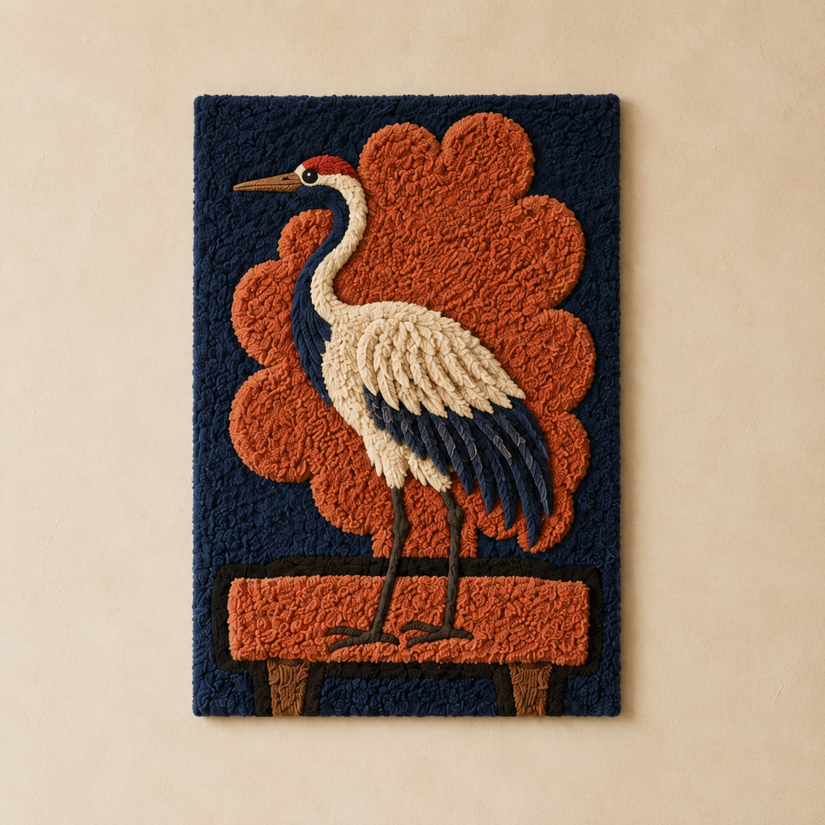 Indigo Crane Emblem wall art by Hewn Earth featuring a detailed crane design on a light background.