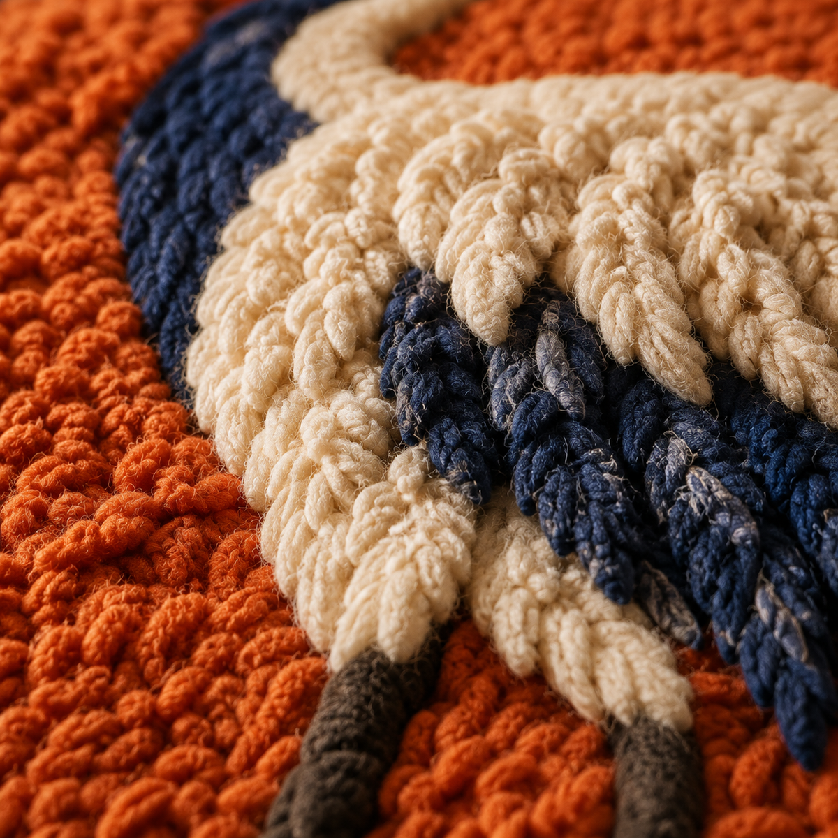 Close-up of Hewn Earth Indigo Crane Emblem wall art featuring intricate blue and white design on a textured surface.
