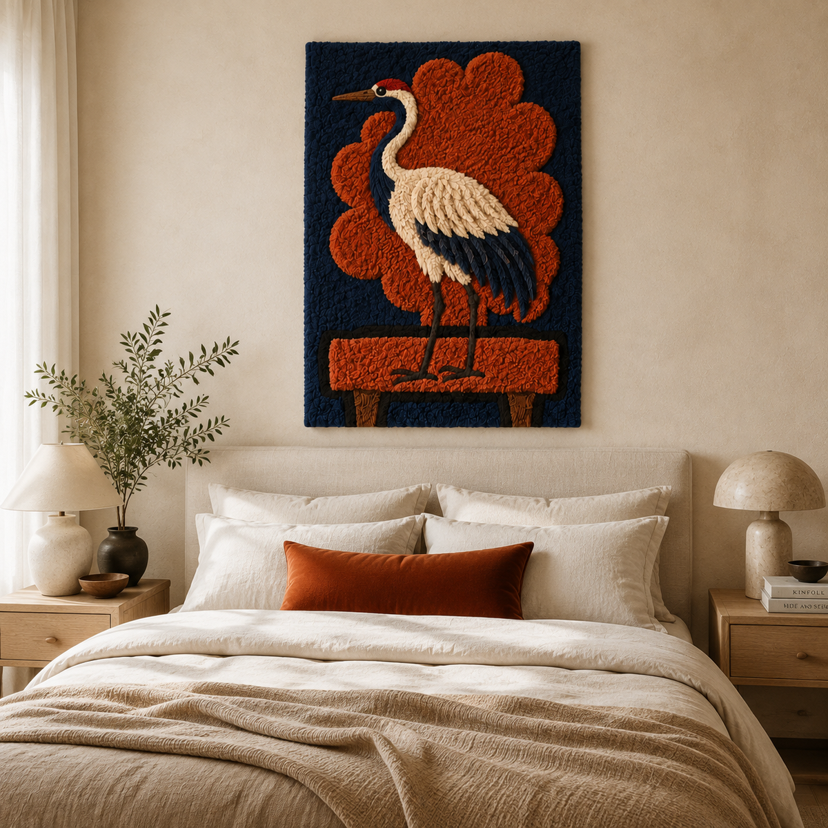 Indigo Crane Emblem wall art by Hewn Earth featuring a detailed crane bird design on a textured background.