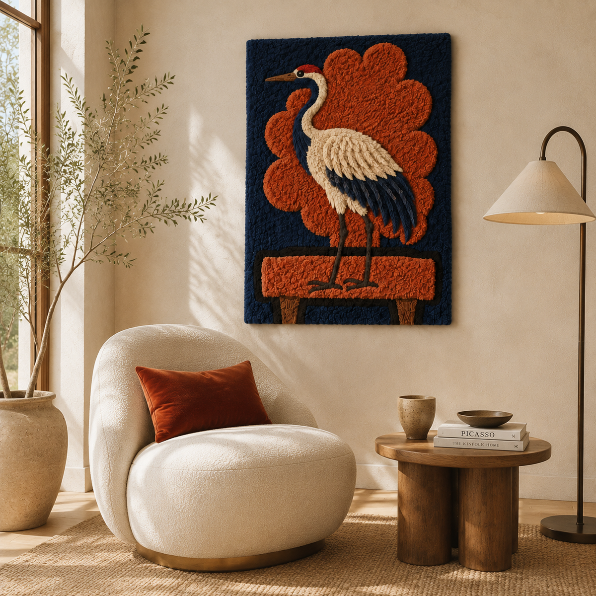 Indigo crane emblem wall art by Hewn Earth, featuring a detailed bird design on a textured background.