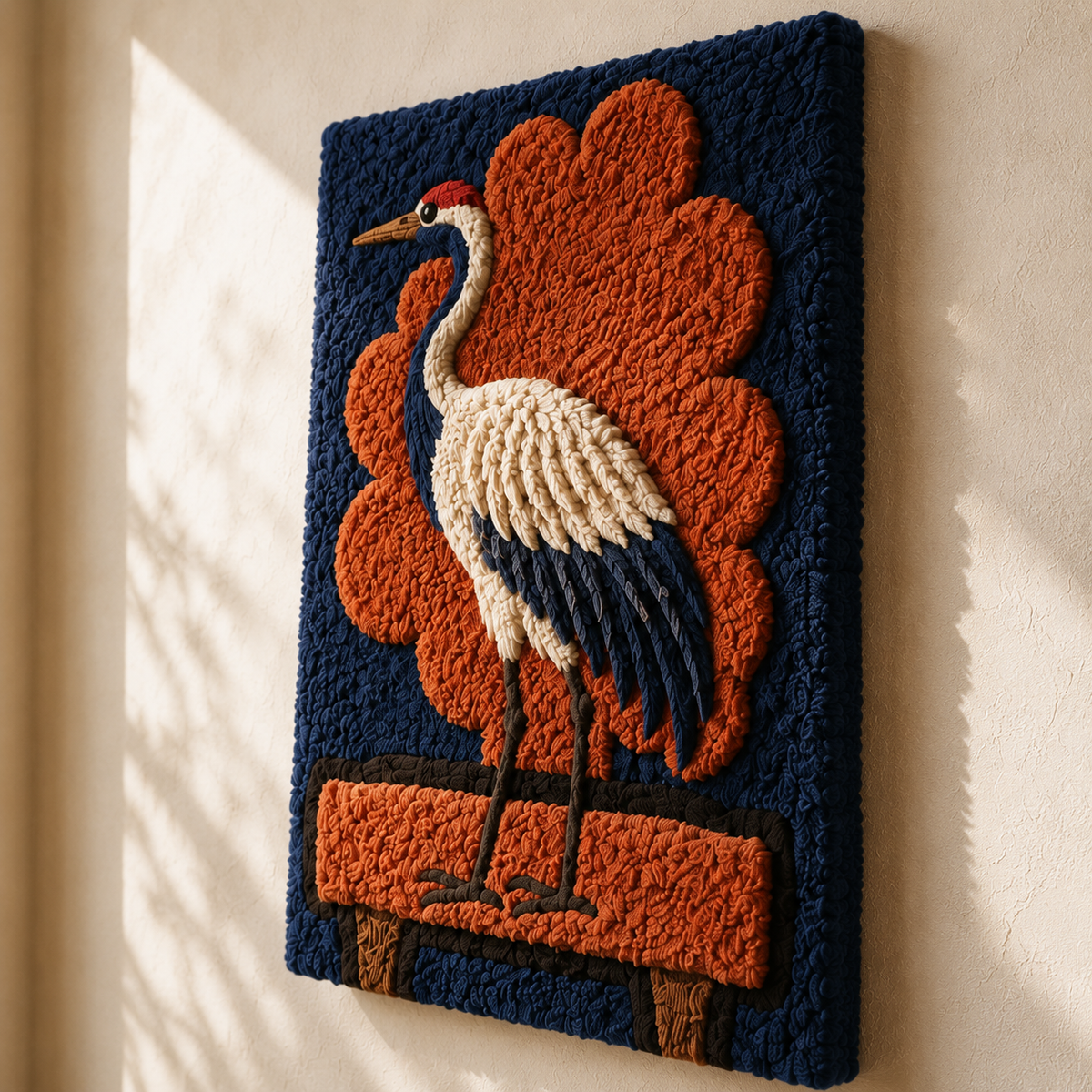 Indigo Crane Emblem wall art by Hewn Earth featuring a detailed crane design on a decorative wall piece.