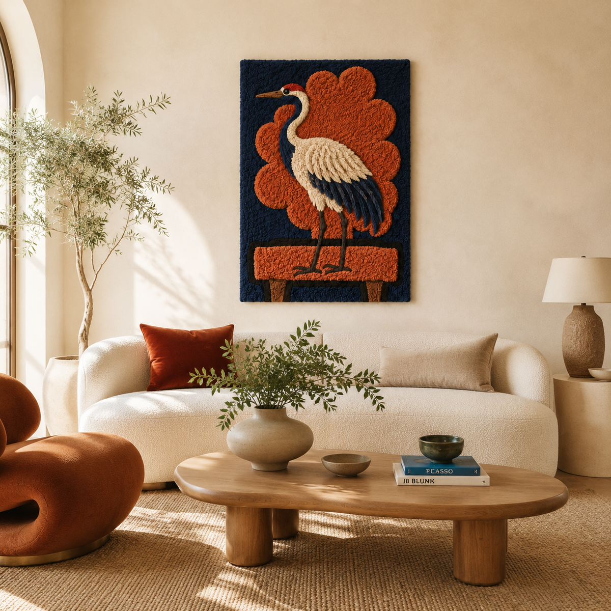 Indigo crane emblem wall art by Hewn Earth, featuring a detailed crane design on a neutral background, perfect for home decor.