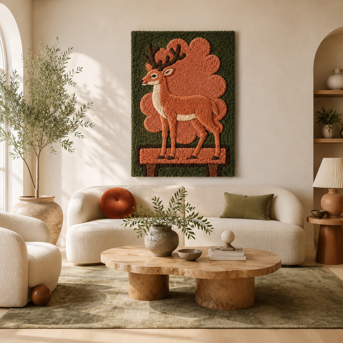 Hewn Earth Woodland Stag Emblem wall art featuring a detailed stag design on a neutral background.